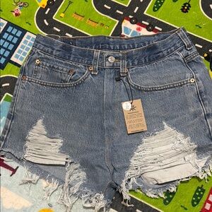 Levi's Blue Distressed Jean Shorts with Frayed Hem